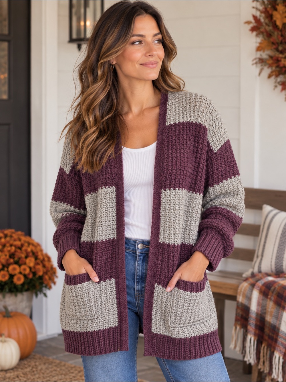 Handmade Crochet Colorblock Long Cardigan Purple Gray Chunky Knit Pockets